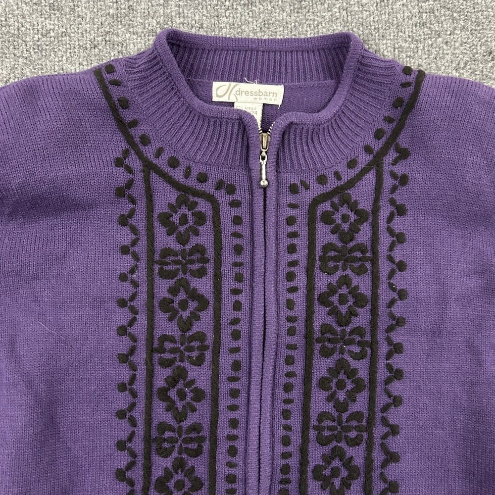 Dressbarn Cardigan Womens Size 22/24 Purple Embroidered Full Zip Mock Neck Knit